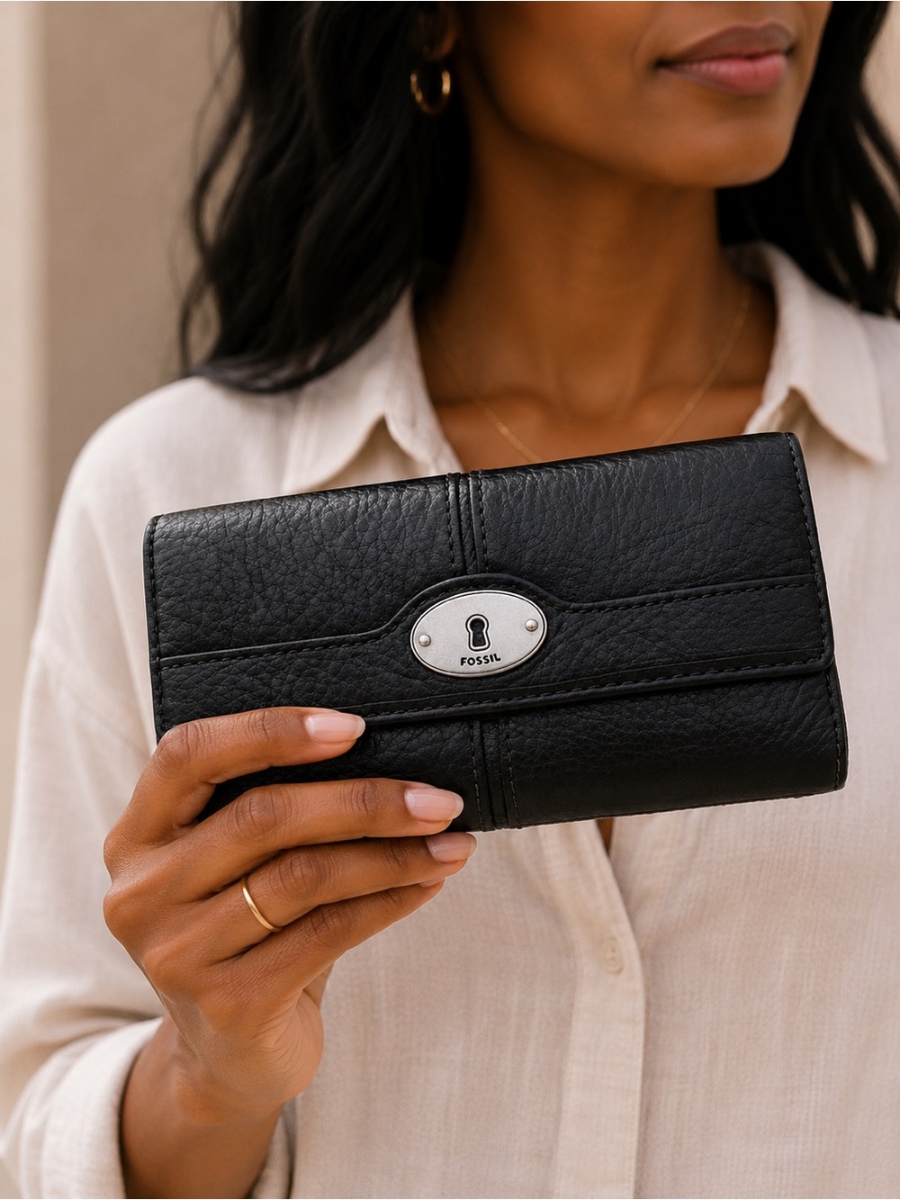 Fossil Black Leather Trifold Women's Wallet with Metal Logo